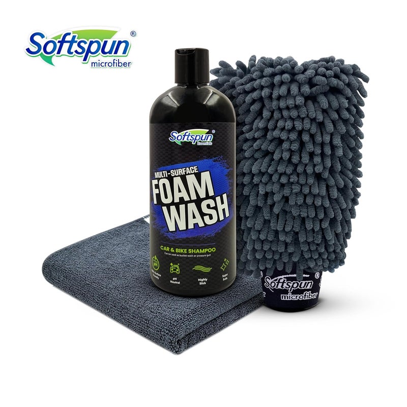 SOFTSPUN Microfiber 1pcs Grey 40x40cm 340gsm & 1 Glovs 1700gsm + 500mL Car & Bike Premium Liquid Shampoo Combo | Extra Suds, Removes Tough Dirt & Grime | pH Neutral | Works with Bucket & Foam Cannon - Image 2
