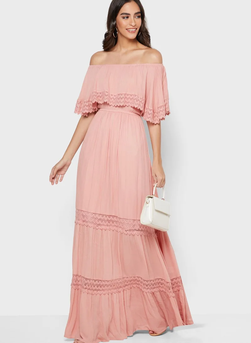 ELLA Lace Detail Ruffle Bardot Maxi Dress