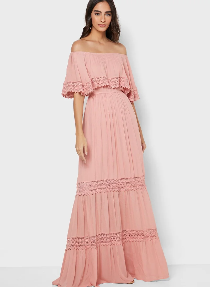 ELLA Lace Detail Ruffle Bardot Maxi Dress
