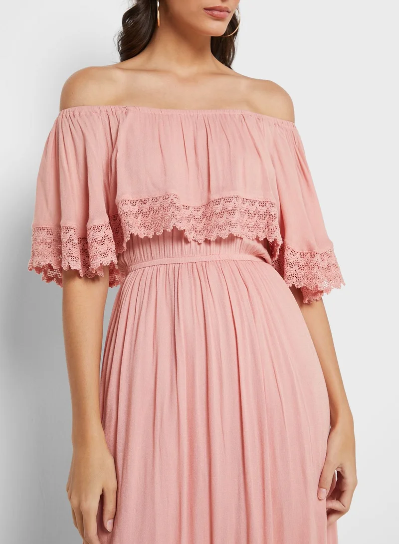 ELLA Lace Detail Ruffle Bardot Maxi Dress