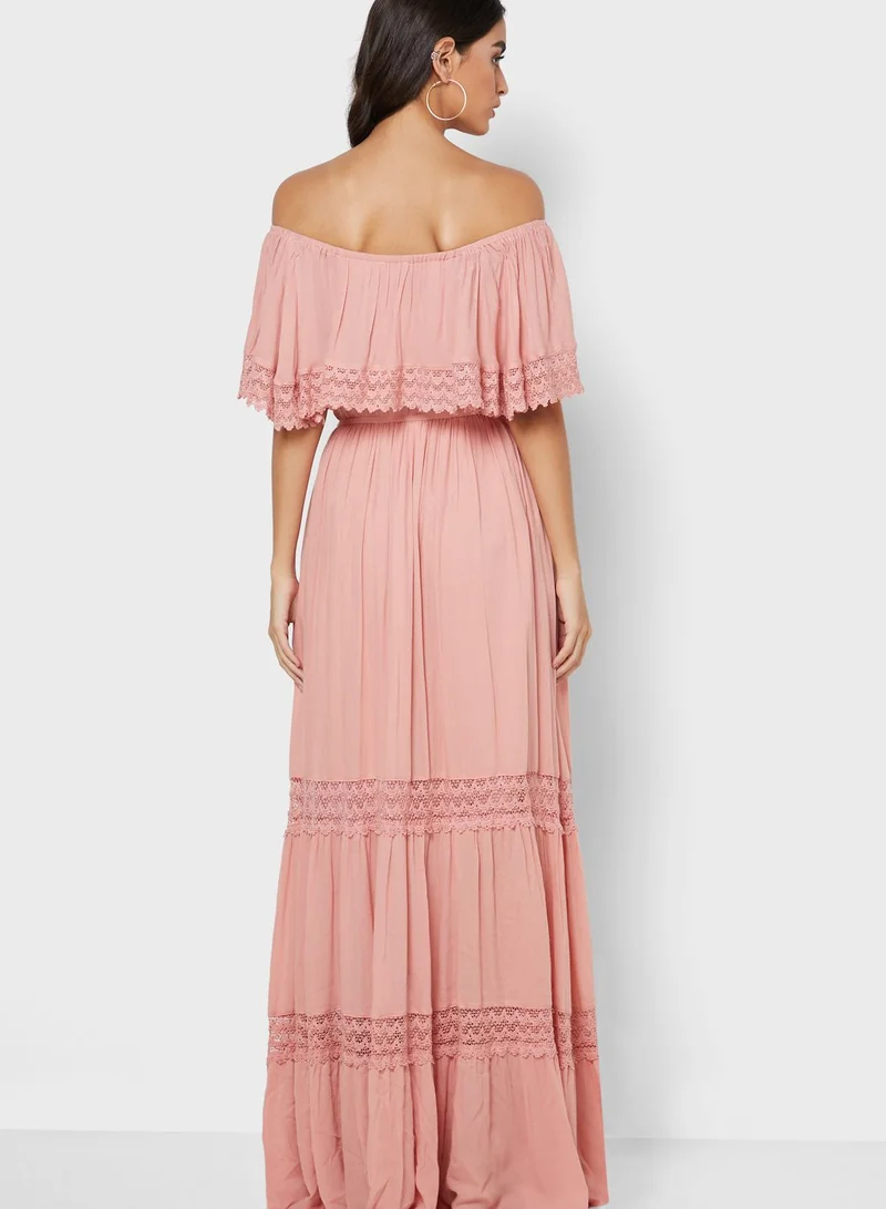 ELLA Lace Detail Ruffle Bardot Maxi Dress