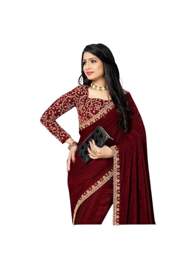 Women's Trendy Heavy Velvet Embroidery Heavy Saree With Embroidery Work Blouse Piece (Maroon) - Image 1