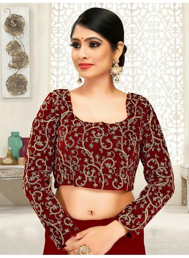 Women's Trendy Heavy Velvet Embroidery Heavy Saree With Embroidery Work Blouse Piece (Maroon) - Image 4