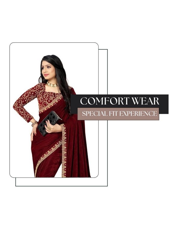 Women's Trendy Heavy Velvet Embroidery Heavy Saree With Embroidery Work Blouse Piece (Maroon) - Image 5