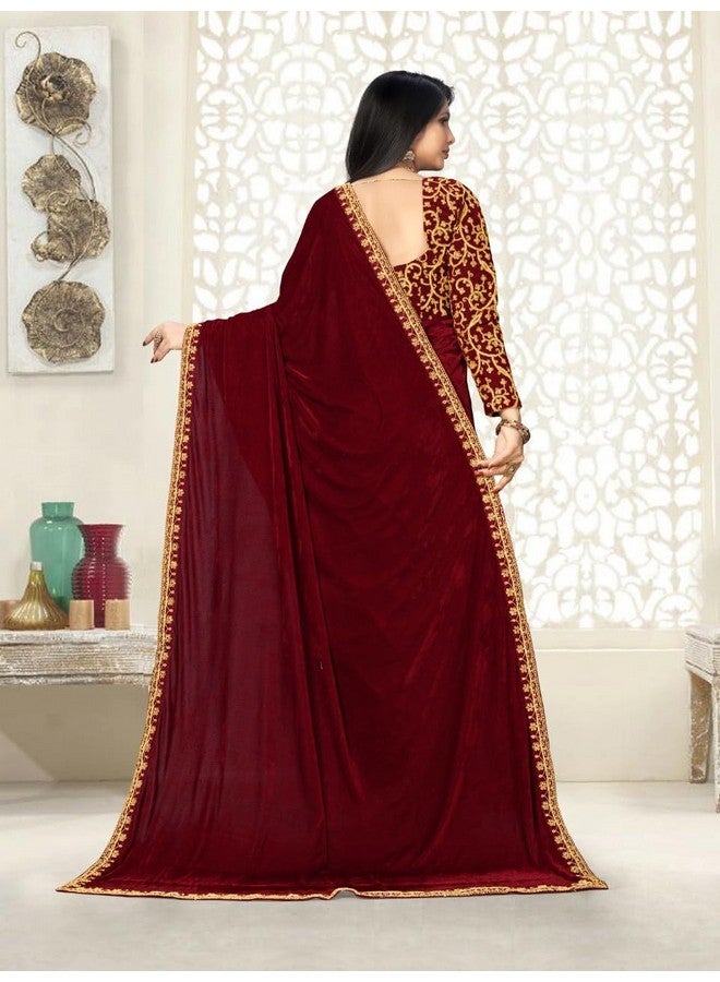 Women's Trendy Heavy Velvet Embroidery Heavy Saree With Embroidery Work Blouse Piece (Maroon) - Image 2