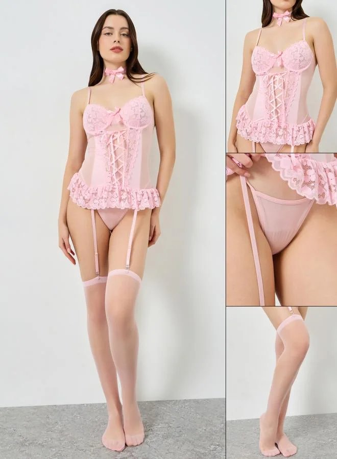 ستايلي عبوة من 2 قطعة بودي سوت لانجري دانتيل وجوارب طويلة