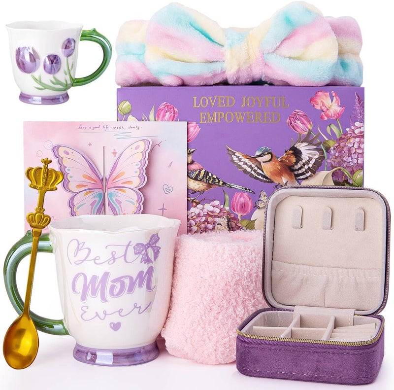 ALBISS Gifts for Mom, 7Pcs Purple Tulip Mom Gifts Set with 18Oz Pearlescent Glaze Best Mom Ever Mug，Spoon，Headband，Socks，Jewelry Box，Card，Gift Box - Mothers Day Birthday Gift for Mother from Daughter, Son - Image 1