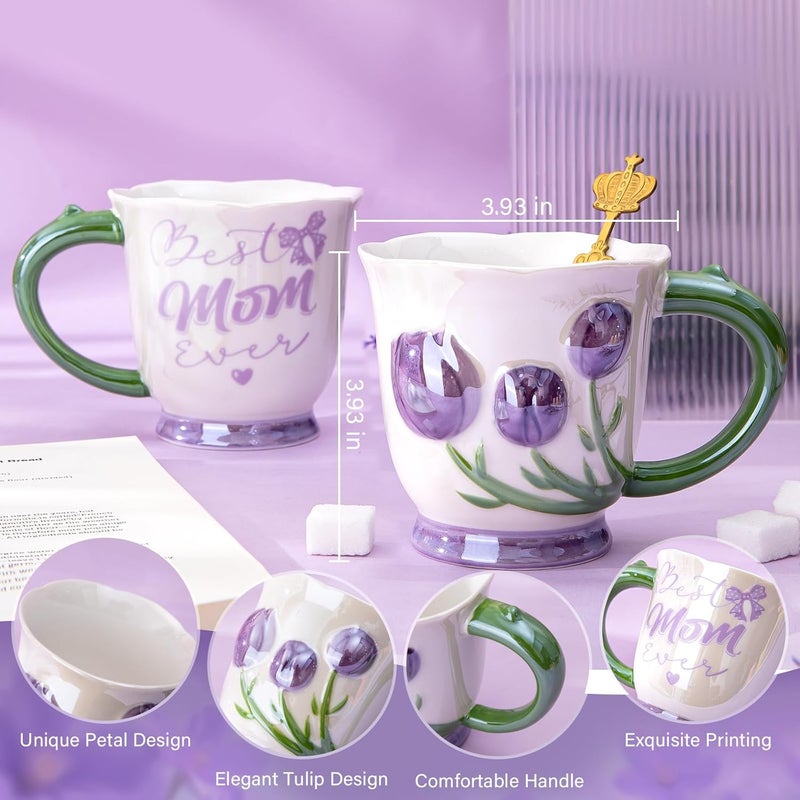 ALBISS Gifts for Mom, 7Pcs Purple Tulip Mom Gifts Set with 18Oz Pearlescent Glaze Best Mom Ever Mug，Spoon，Headband，Socks，Jewelry Box，Card，Gift Box - Mothers Day Birthday Gift for Mother from Daughter, Son - Image 3