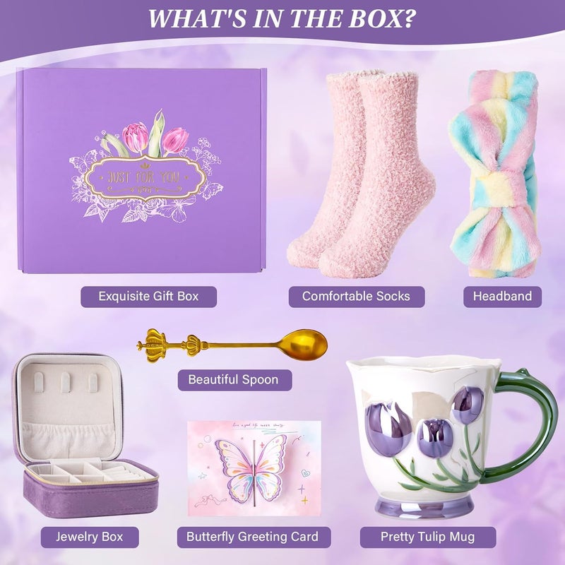 ALBISS Gifts for Mom, 7Pcs Purple Tulip Mom Gifts Set with 18Oz Pearlescent Glaze Best Mom Ever Mug，Spoon，Headband，Socks，Jewelry Box，Card，Gift Box - Mothers Day Birthday Gift for Mother from Daughter, Son - Image 2