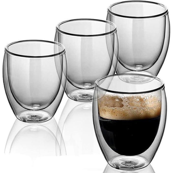 CLEAR COFFEE MUGS SET OF 4 12 OZ INSULATED DOUBLE WALL GLASS TEA CUPS FOR AMERICANO LATTE CAPPUCCINOS AND BEVERAGE