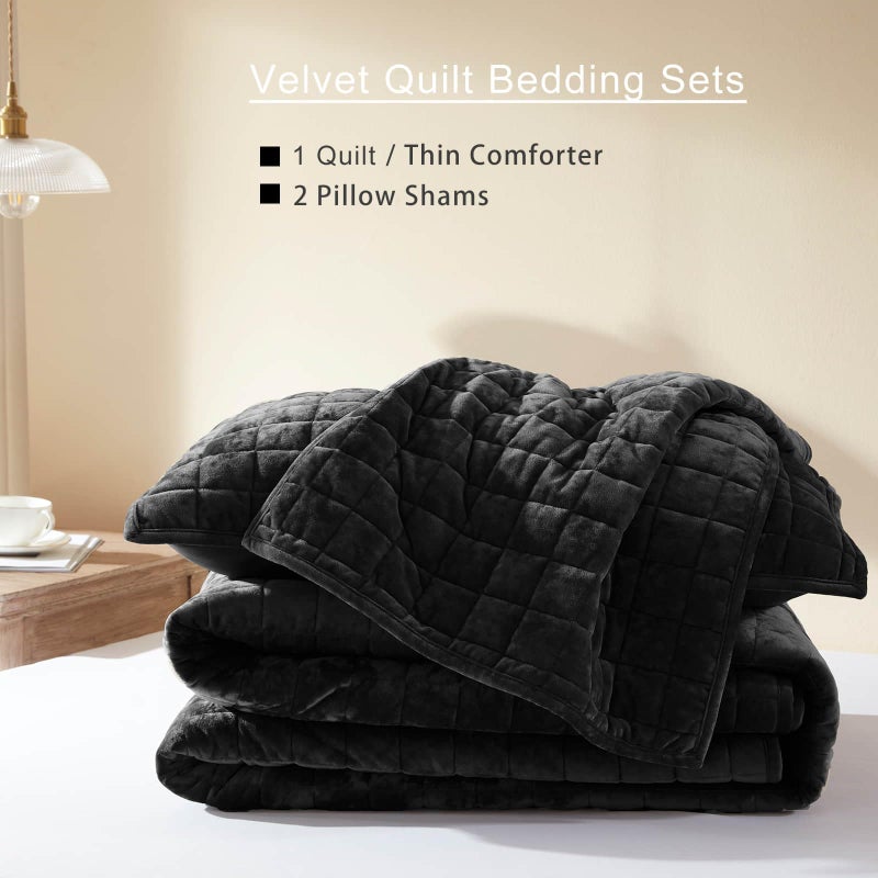 LEAONME Velvet Quilt King Size-98''x106'', Lightweight Black Velvet Comforter Set with 2 Pillow Shams, Soft Bedspread Coverlet Quilted Bedding Set for All Season - Image 5