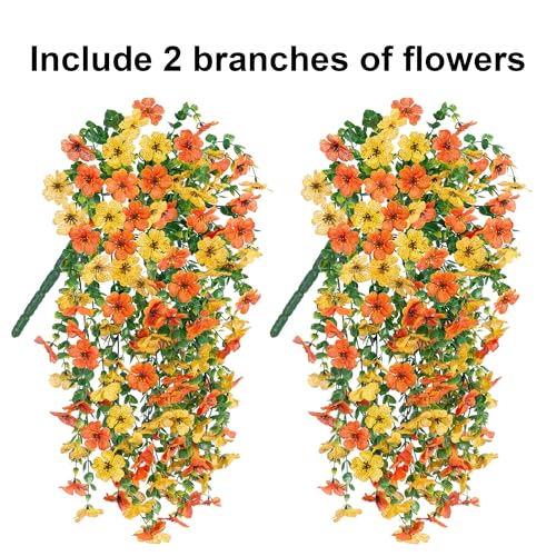 HyeFlora Artificial Flowers for Outdoors Decoration 2Pcs Fake Hanging Spring Decor Yellow and Orange Realistic Plants UV Fading Resistant Silk Flower for Porch Patio Balcony Planter Yard - Image 3