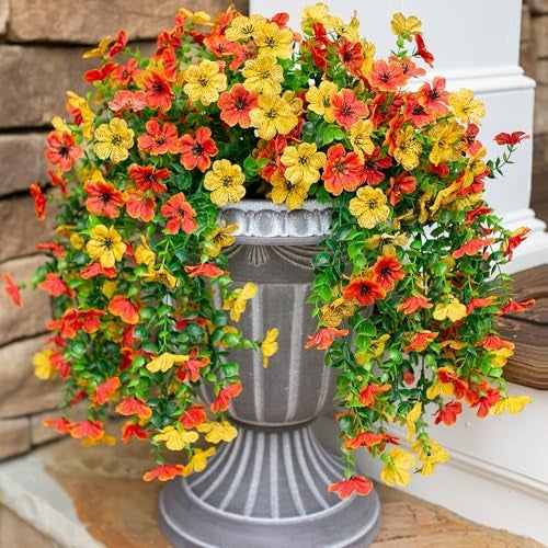 HyeFlora Artificial Flowers for Outdoors Decoration 2Pcs Fake Hanging Spring Decor Yellow and Orange Realistic Plants UV Fading Resistant Silk Flower for Porch Patio Balcony Planter Yard - Image 1