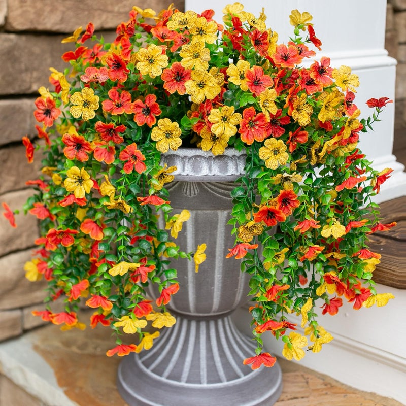 HyeFlora Artificial Flowers for Outdoors Decoration 2Pcs Fake Hanging Spring Decor Yellow and Orange Realistic Plants UV Fading Resistant Silk Flower for Porch Patio Balcony Planter Yard - Image 2