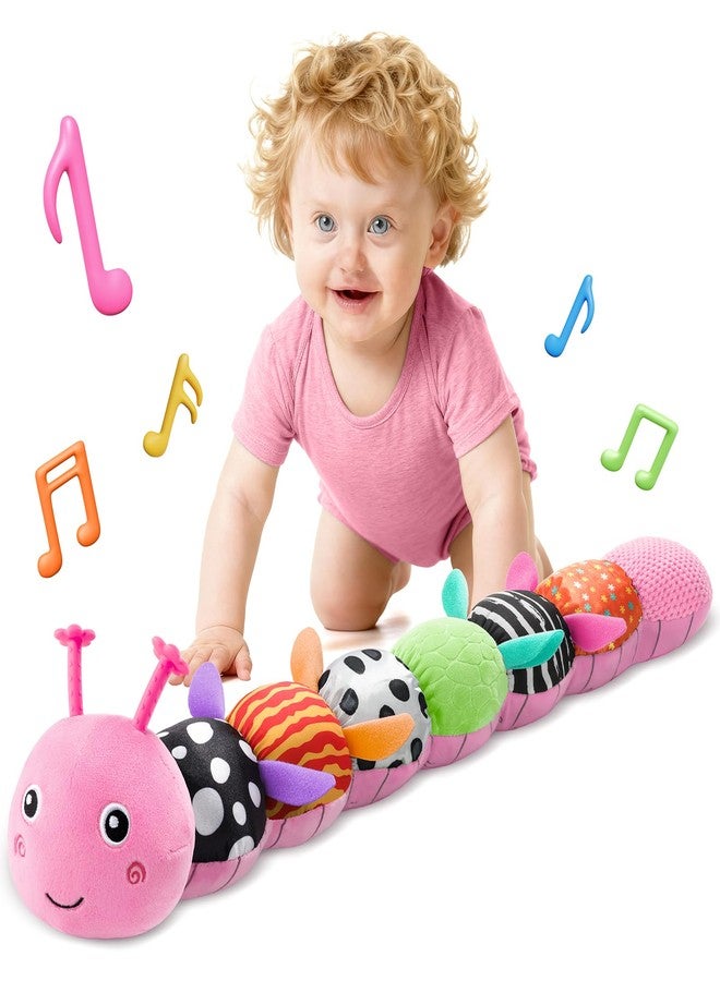HEMRLY Baby Gifts Toys, Sensory Toy 0-6 Months, Musical Stuffed Caterpillar Plush with Soft Teether, Rattle for Tummy Time, Infant Car Seat Toy for 0-3-6-12 Month Boys Girls Gifts - Spotted Pink - Image 1