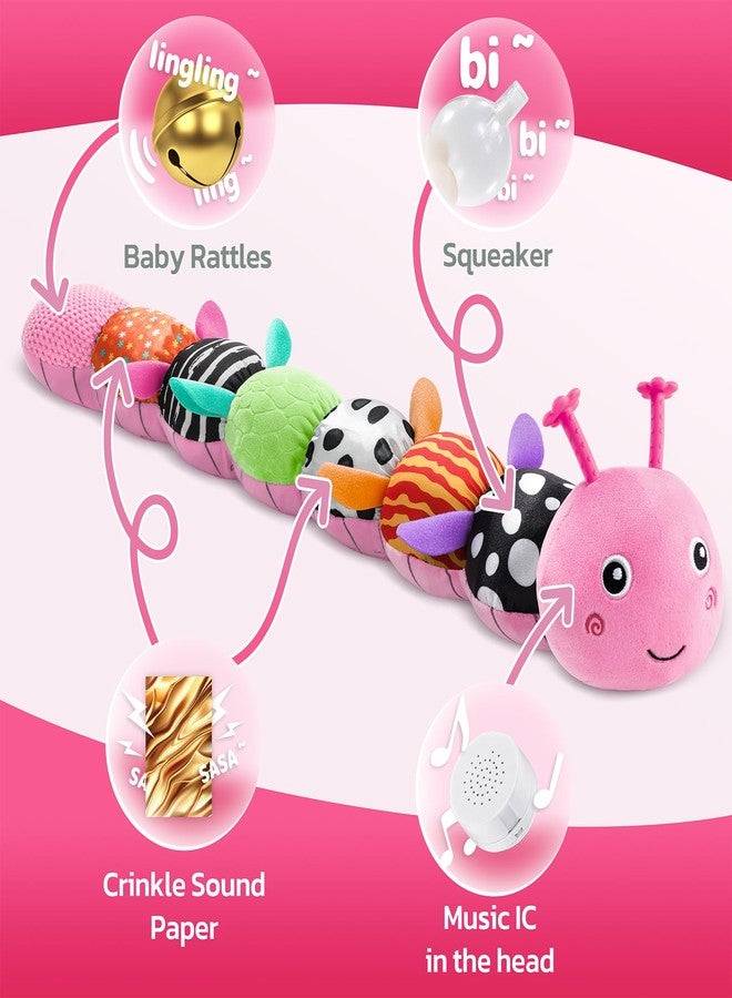 HEMRLY Baby Gifts Toys, Sensory Toy 0-6 Months, Musical Stuffed Caterpillar Plush with Soft Teether, Rattle for Tummy Time, Infant Car Seat Toy for 0-3-6-12 Month Boys Girls Gifts - Spotted Pink - Image 3