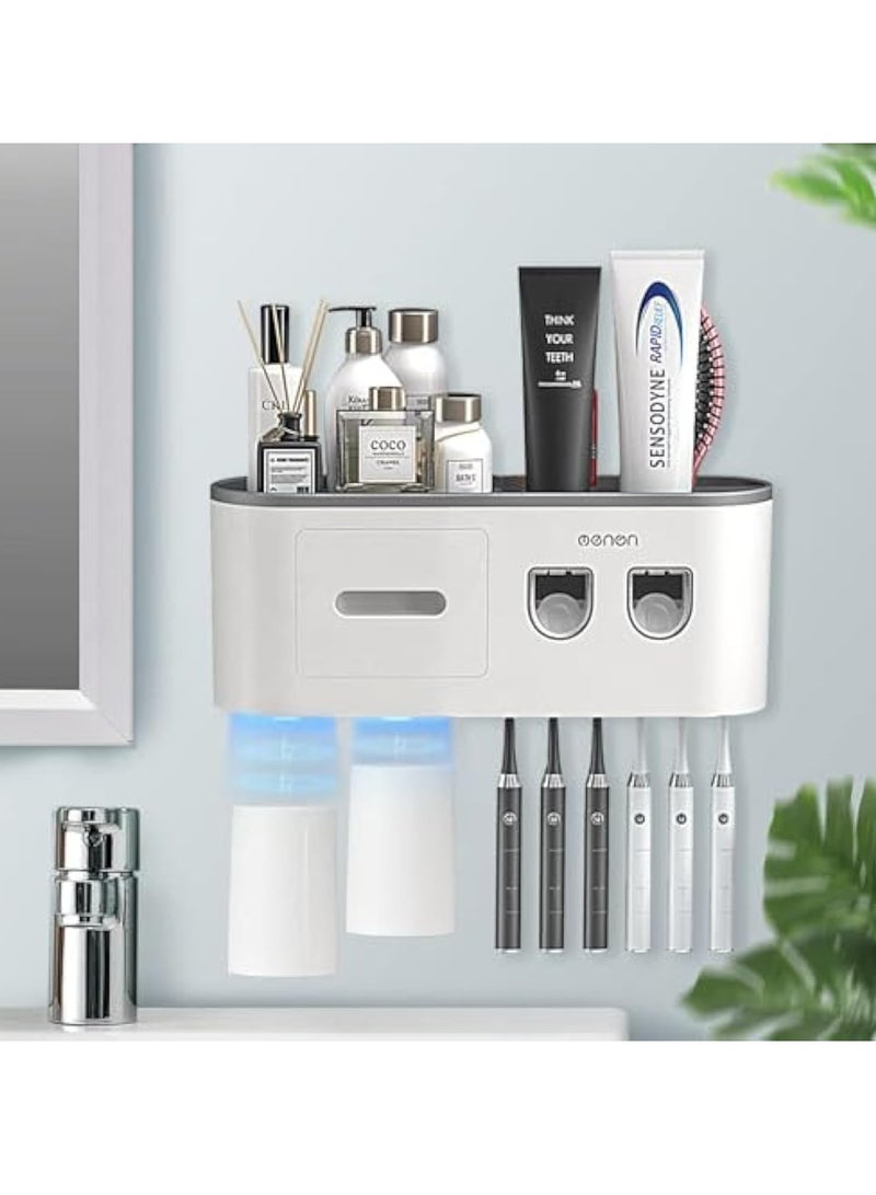 Arabest Toothbrush Holder with Automatic Toothpaste Dispensers, Toothbrush Holders Wall Mounted, 6 Brush Slots, 3 Magnetic Cups,1 Cosmetic Drawer Organizer and 1 Large Storage Tray (2 Cups)  - Image 1
