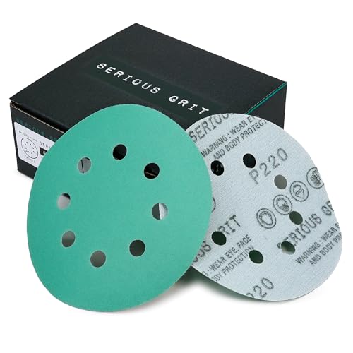 Serious Grit Sanding Discs 5 Inch 8 Hole 220 Grit - Heavy-Duty Hook & Loop Wet Dry Film Sandpaper Discs - Very Fine Sand Paper for Random Orbital Sanders - Wood, Automotive, Metal, etc - 50 Pack Box - Image 1