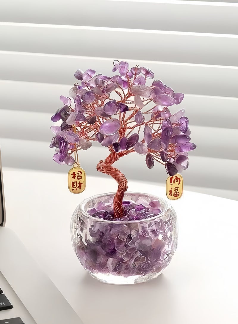 شجرة ثروة أميثيست الطبيعية - ديكور سطح المكتب المصنوع يدوياً من النحاس  ثروة محظوظة وزينة بركة (10 × 6 × 13 سم) - Image 1