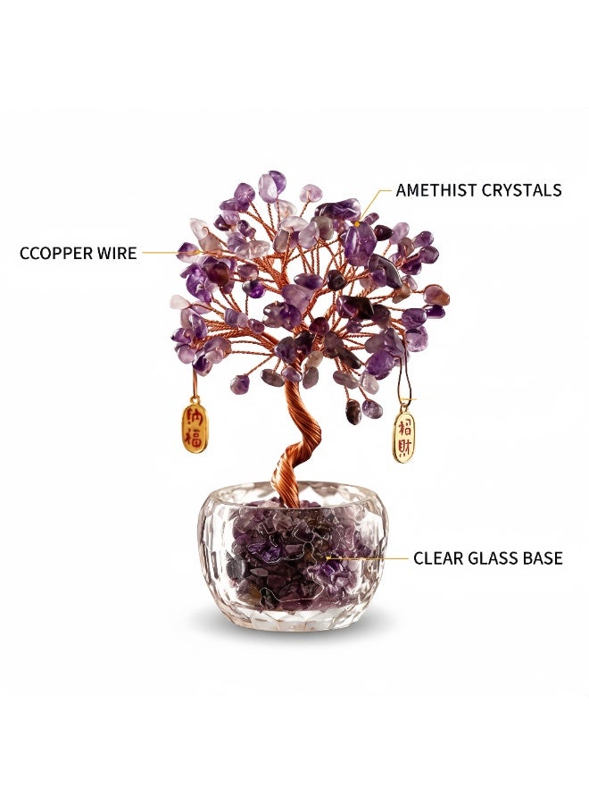 شجرة ثروة أميثيست الطبيعية - ديكور سطح المكتب المصنوع يدوياً من النحاس  ثروة محظوظة وزينة بركة (10 × 6 × 13 سم) - Image 3