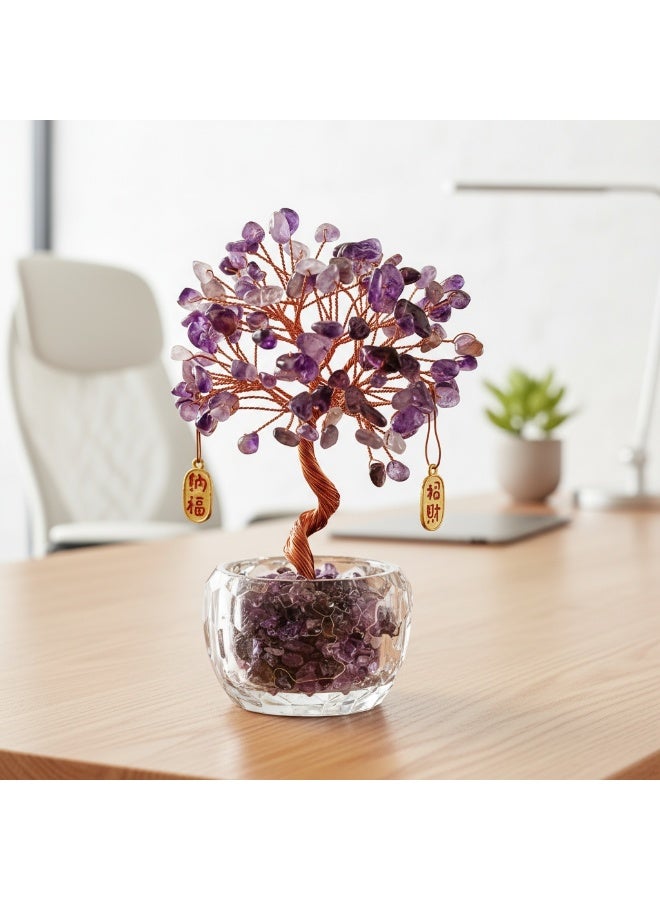 شجرة ثروة أميثيست الطبيعية - ديكور سطح المكتب المصنوع يدوياً من النحاس  ثروة محظوظة وزينة بركة (10 × 6 × 13 سم) - Image 4