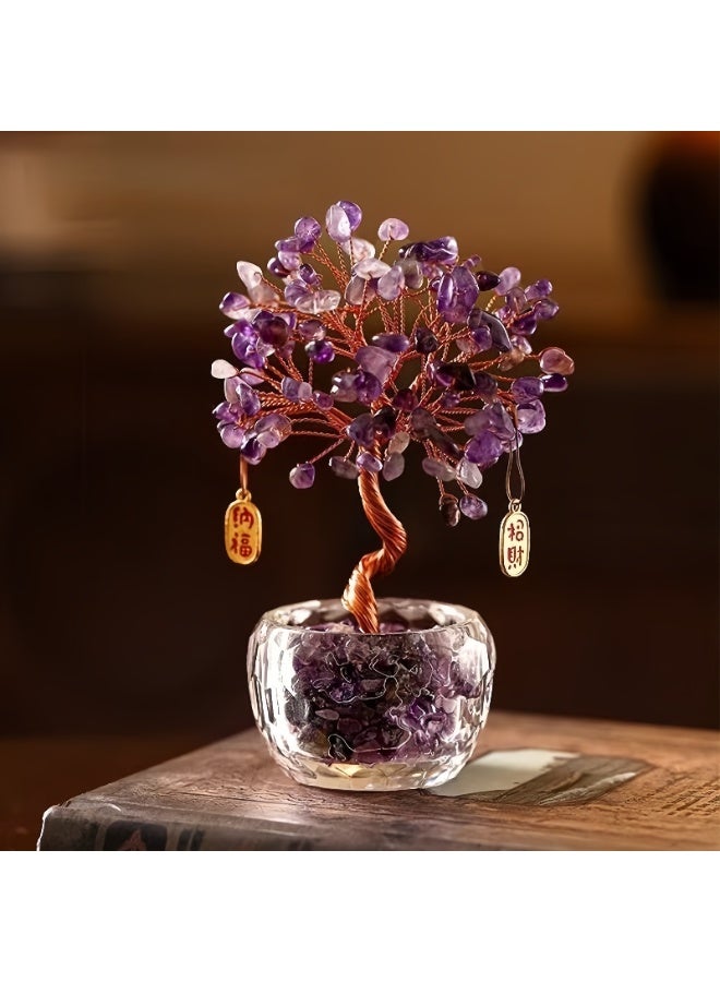 شجرة ثروة أميثيست الطبيعية - ديكور سطح المكتب المصنوع يدوياً من النحاس  ثروة محظوظة وزينة بركة (10 × 6 × 13 سم) - Image 5