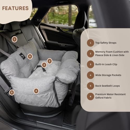 JACKO & CO Premium Dog Car Seat – Safe & Cozy Travel Bed Carrier for Small Dogs, Puppies, Pets, Clip-On Leash, Storage Pockets, Water-Resistant, Machine Wash (Grey, Removable - Medium (25-40lbs)) - Image 2