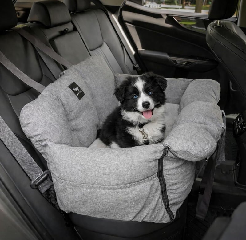 JACKO & CO Premium Dog Car Seat – Safe & Cozy Travel Bed Carrier for Small Dogs, Puppies, Pets, Clip-On Leash, Storage Pockets, Water-Resistant, Machine Wash (Grey, Removable - Medium (25-40lbs)) - Image 1