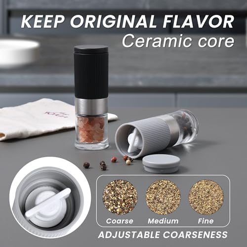 VEVOK CHEF Mini Salt and Pepper Grinder Set, Small Tiny Adjustable Coarseness Ceramic Salt Grinder with Funnel and Bag Portable Handy Spice Pepper Mill Shaker For Outdoor Party Lunch Bag Kitchen - Image 4
