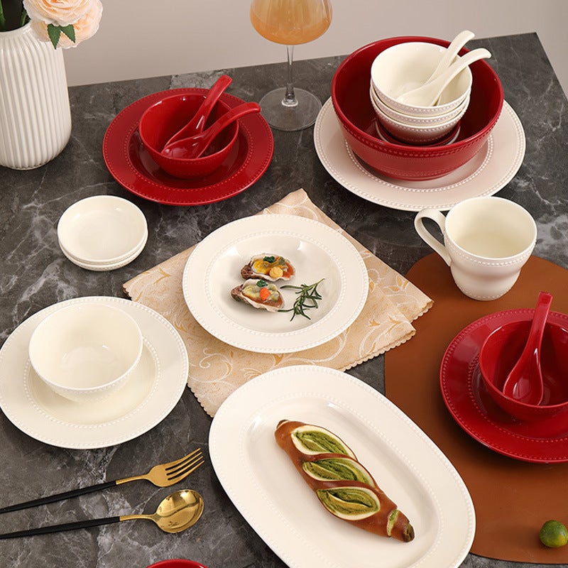 Red Ceramic Dish Set, High-End Housewarming Tableware, Bowls And Dishes, Full Set Of French Bead Dot Rice Bowls, Household Plates - Image 2