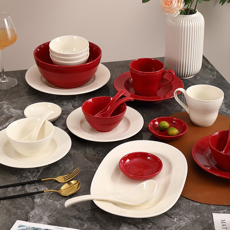 Red Ceramic Dish Set, High-End Housewarming Tableware, Bowls And Dishes, Full Set Of French Bead Dot Rice Bowls, Household Plates - Image 5