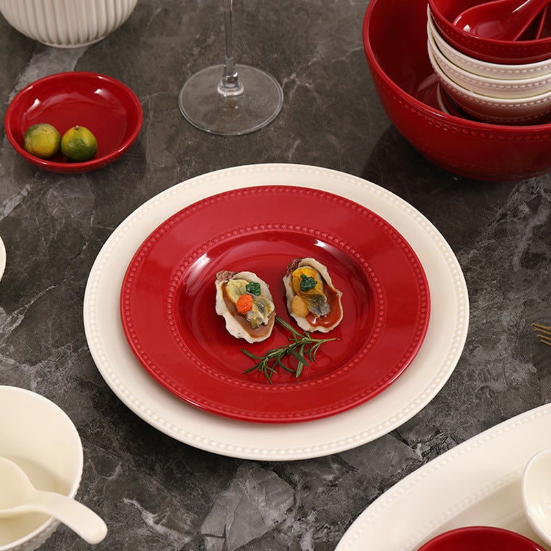 Red Ceramic Dish Set, High-End Housewarming Tableware, Bowls And Dishes, Full Set Of French Bead Dot Rice Bowls, Household Plates - Image 3