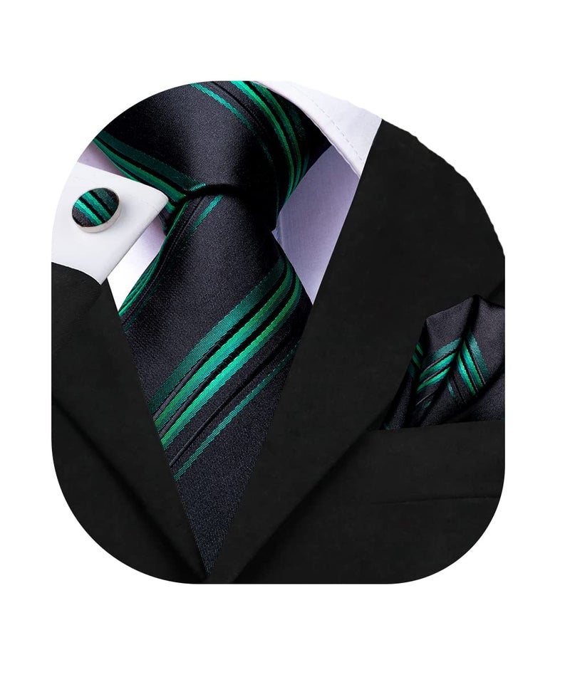 Dubulle Mens Black Green Striped Tie WOVEN Necktie for Men and Handkerchief Cufflinks Set Wedding Formal Business - Image 1