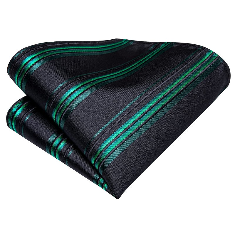 Dubulle Mens Black Green Striped Tie WOVEN Necktie for Men and Handkerchief Cufflinks Set Wedding Formal Business - Image 4