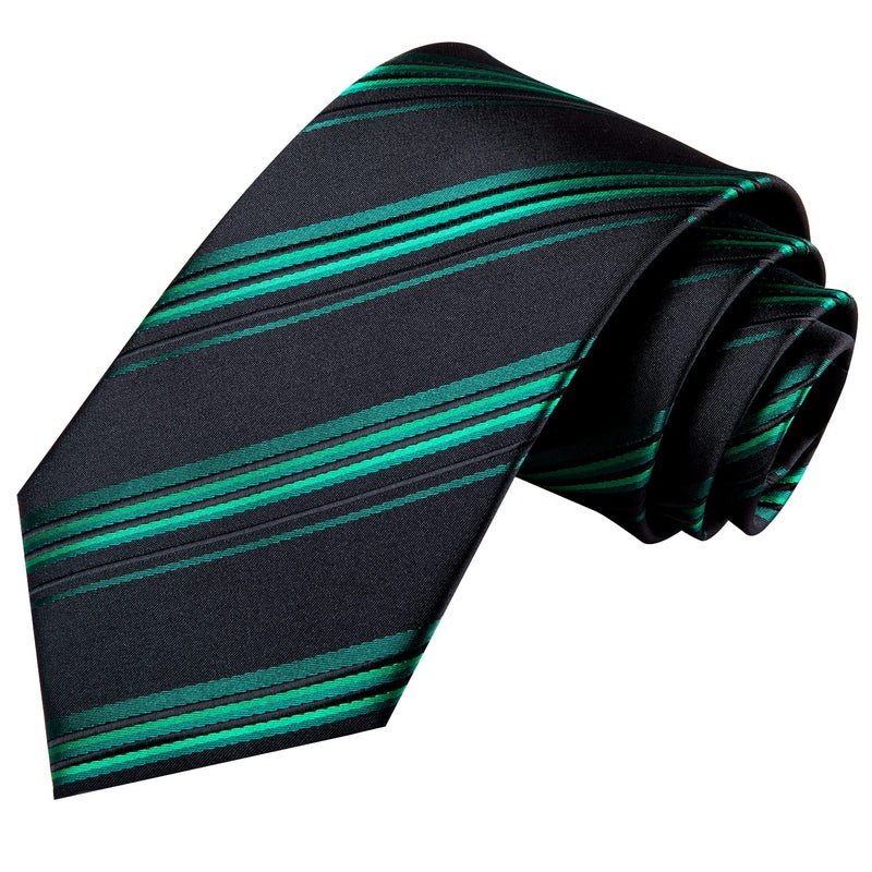 Dubulle Mens Black Green Striped Tie WOVEN Necktie for Men and Handkerchief Cufflinks Set Wedding Formal Business - Image 5