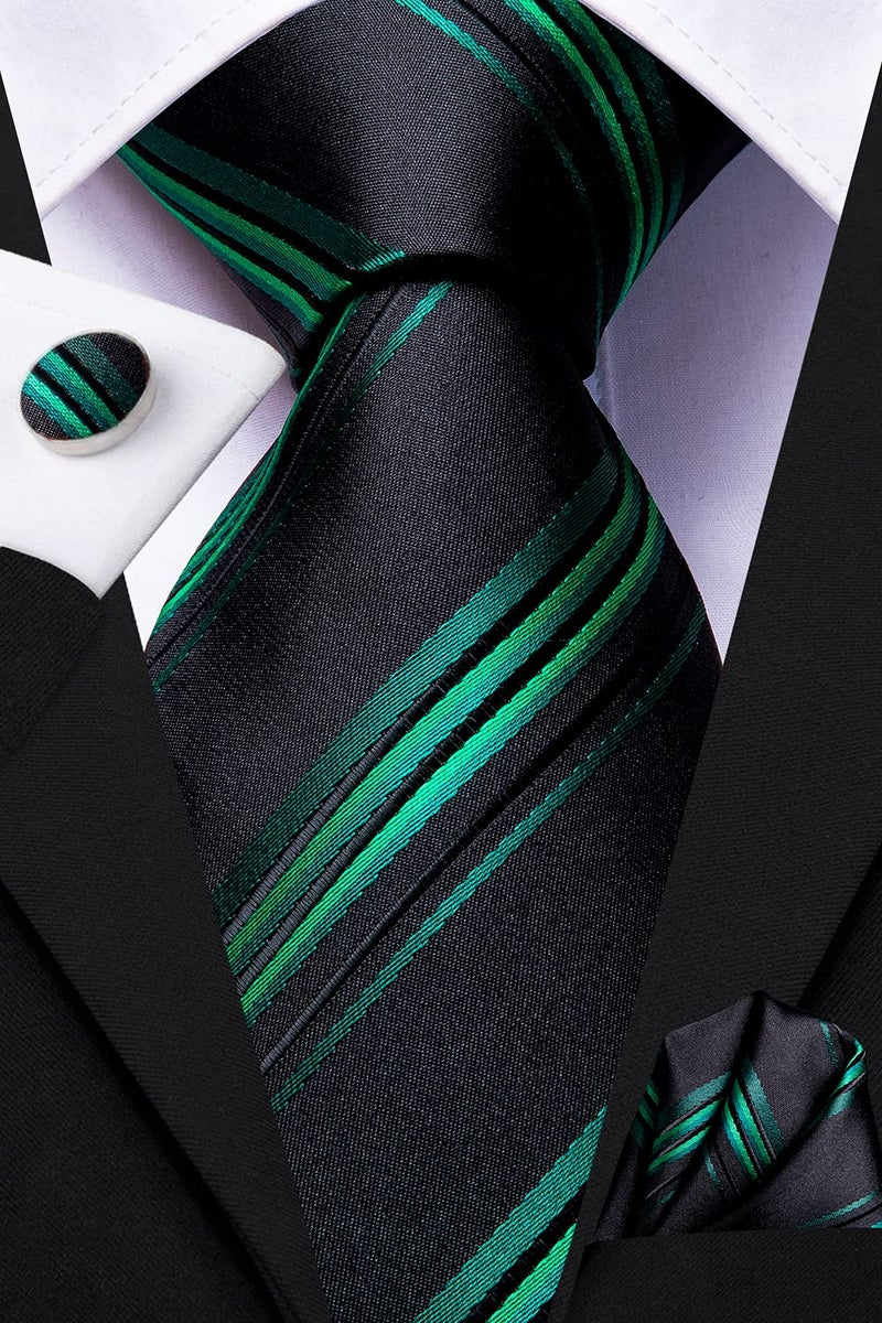 Dubulle Mens Black Green Striped Tie WOVEN Necktie for Men and Handkerchief Cufflinks Set Wedding Formal Business - Image 3