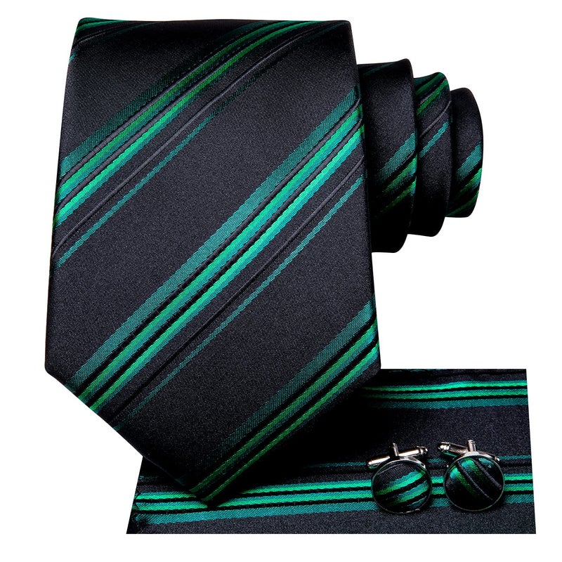 Dubulle Mens Black Green Striped Tie WOVEN Necktie for Men and Handkerchief Cufflinks Set Wedding Formal Business - Image 2