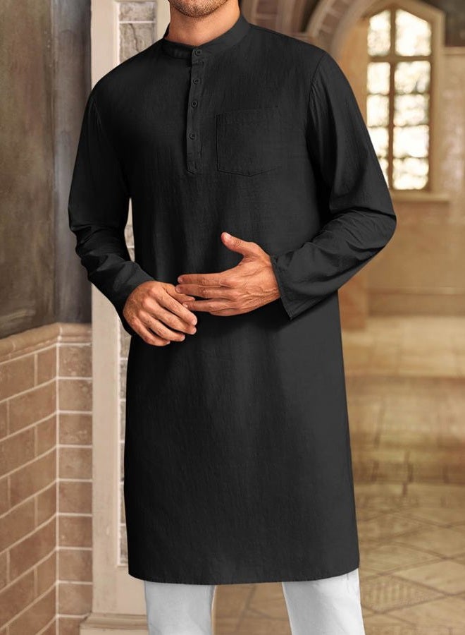 Gafeng Mens Kaftan Robe Button Down Long Sleeve Henley Cotton Thobe Casual Side Split Gown Shirt Black - Image 2
