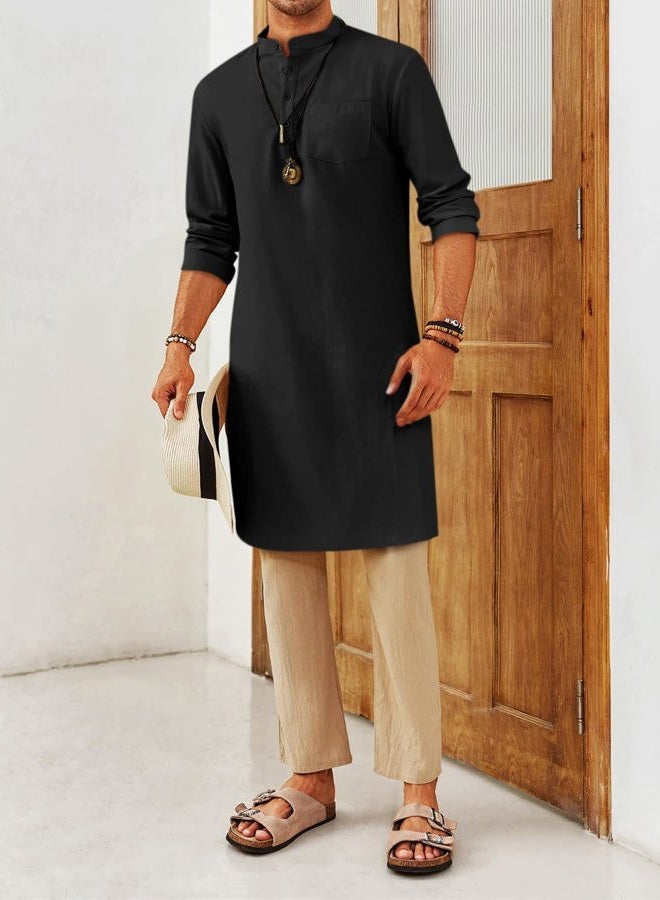 Gafeng Mens Kaftan Robe Button Down Long Sleeve Henley Cotton Thobe Casual Side Split Gown Shirt Black - Image 5