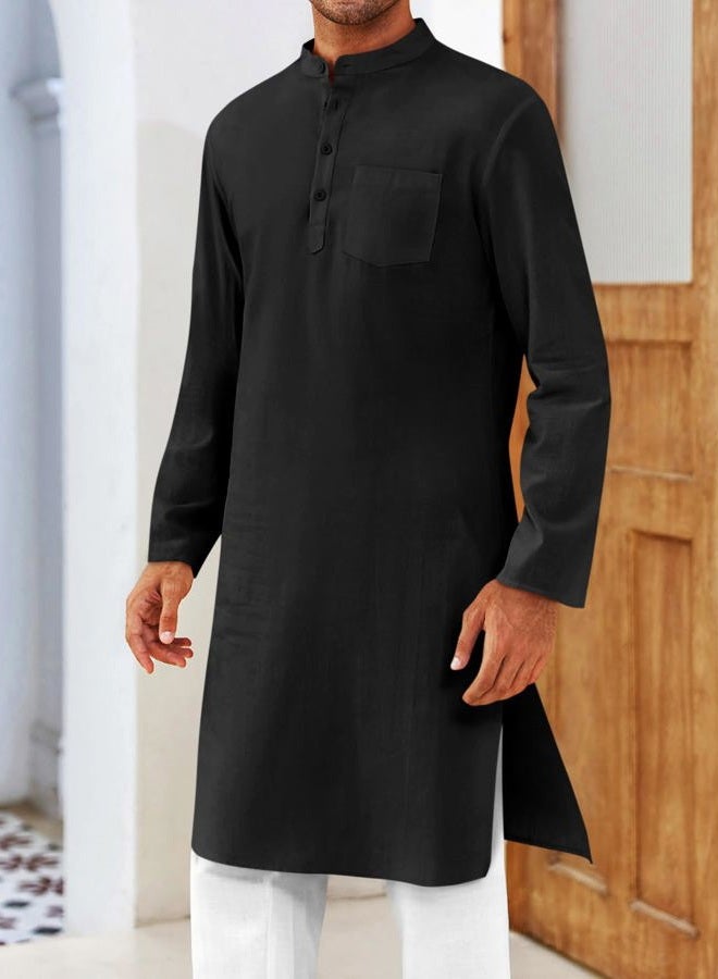 Gafeng Mens Kaftan Robe Button Down Long Sleeve Henley Cotton Thobe Casual Side Split Gown Shirt Black - Image 4