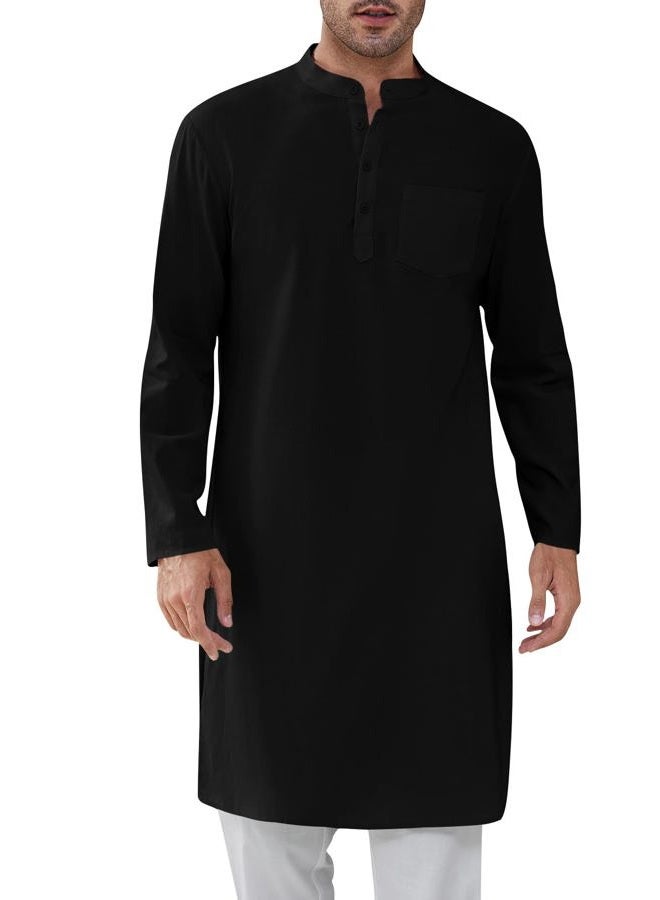 Gafeng Mens Kaftan Robe Button Down Long Sleeve Henley Cotton Thobe Casual Side Split Gown Shirt Black - Image 1