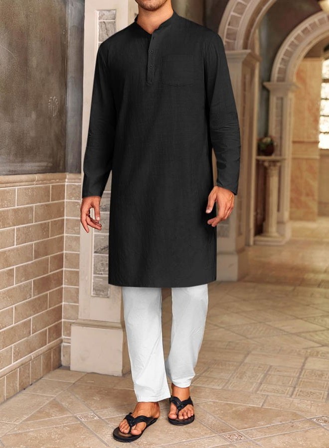 Gafeng Mens Kaftan Robe Button Down Long Sleeve Henley Cotton Thobe Casual Side Split Gown Shirt Black - Image 3