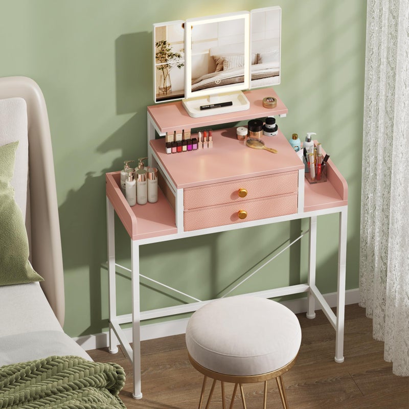 HIGDBFE Vanity Desk with Mirror and Lights, 28.4''W Small Makeup Vanity Table with Height-Adjustable Stand, 2 Fabric Drawers Compact Makeup Desk, Gift for Girls, Bedroom Small Space, Pink - Image 1