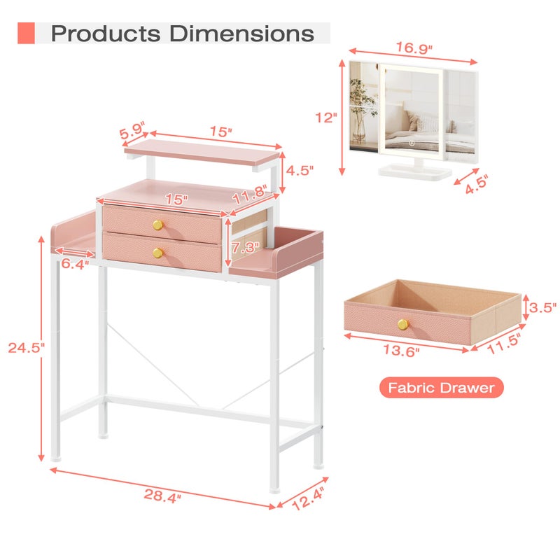 HIGDBFE Vanity Desk with Mirror and Lights, 28.4''W Small Makeup Vanity Table with Height-Adjustable Stand, 2 Fabric Drawers Compact Makeup Desk, Gift for Girls, Bedroom Small Space, Pink - Image 5