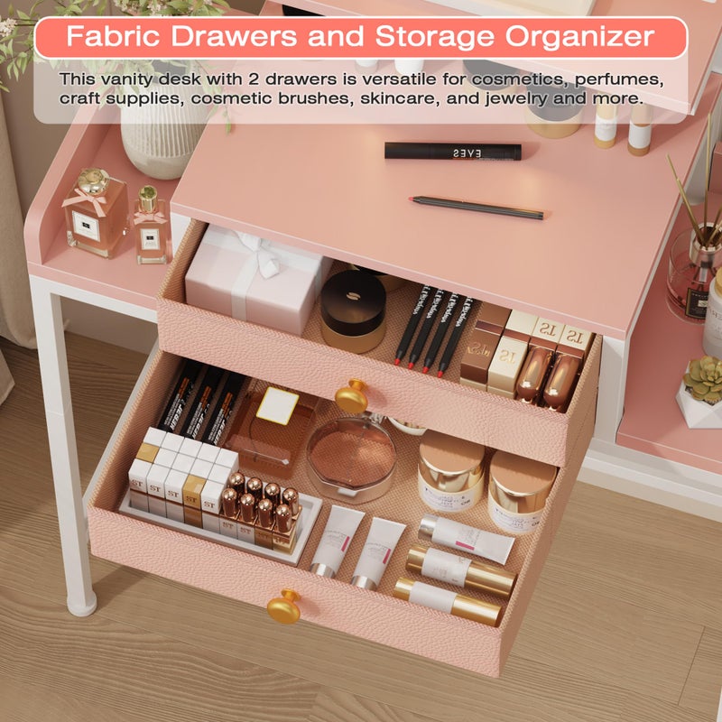HIGDBFE Vanity Desk with Mirror and Lights, 28.4''W Small Makeup Vanity Table with Height-Adjustable Stand, 2 Fabric Drawers Compact Makeup Desk, Gift for Girls, Bedroom Small Space, Pink - Image 4