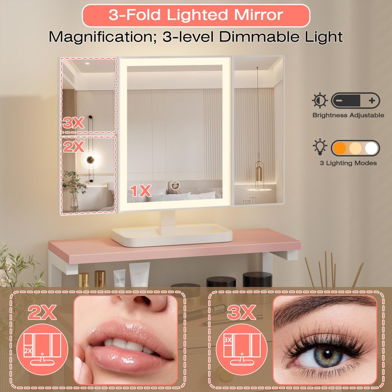 HIGDBFE Vanity Desk with Mirror and Lights, 28.4''W Small Makeup Vanity Table with Height-Adjustable Stand, 2 Fabric Drawers Compact Makeup Desk, Gift for Girls, Bedroom Small Space, Pink - Image 2