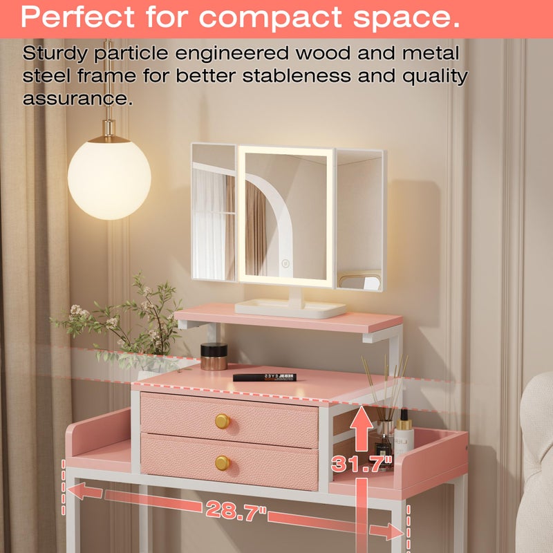 HIGDBFE Vanity Desk with Mirror and Lights, 28.4''W Small Makeup Vanity Table with Height-Adjustable Stand, 2 Fabric Drawers Compact Makeup Desk, Gift for Girls, Bedroom Small Space, Pink - Image 3