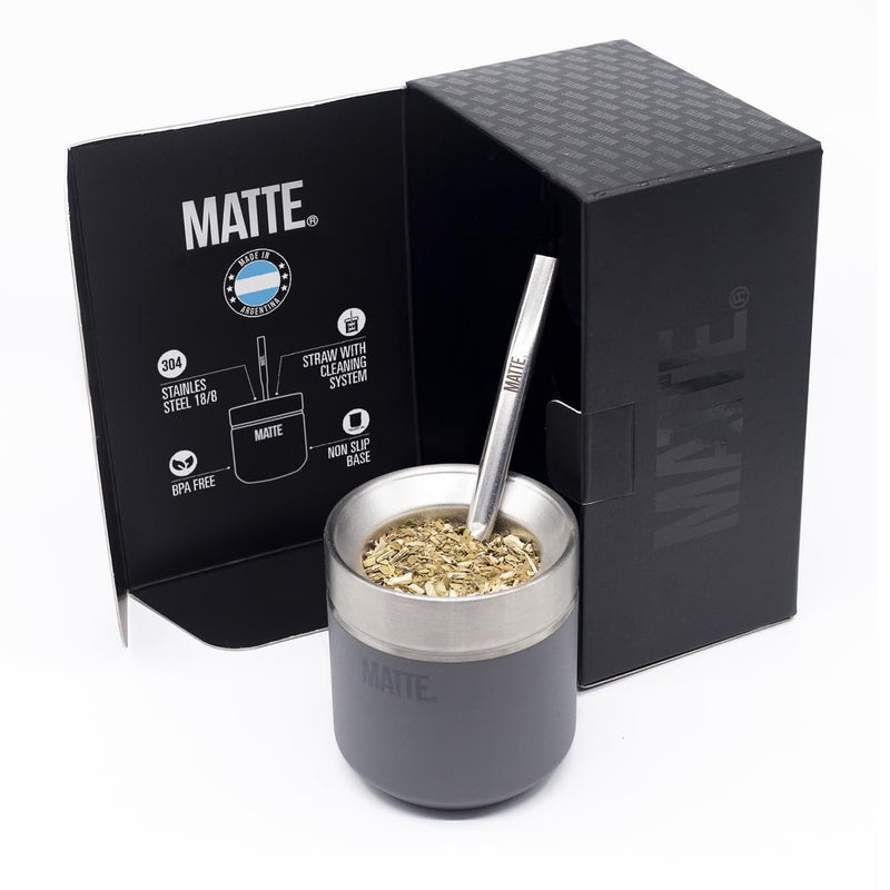 Matte 65 oz Yerba Mate Gourd and Bombilla Set  Includes DS Pro Box  BPA Free Yerba Mate Set Kit with Mate Straw Elegant Design NonSlip Base Grey