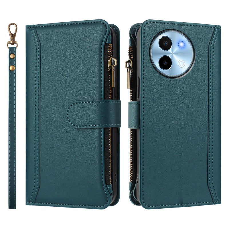 HuHa Case Cover For vivo Y38 5G Global / T3X 5G Global Magnetic Closure 9 Card Slots Zipper Leather Case with Hand Strap(Dark Green) - Image 2