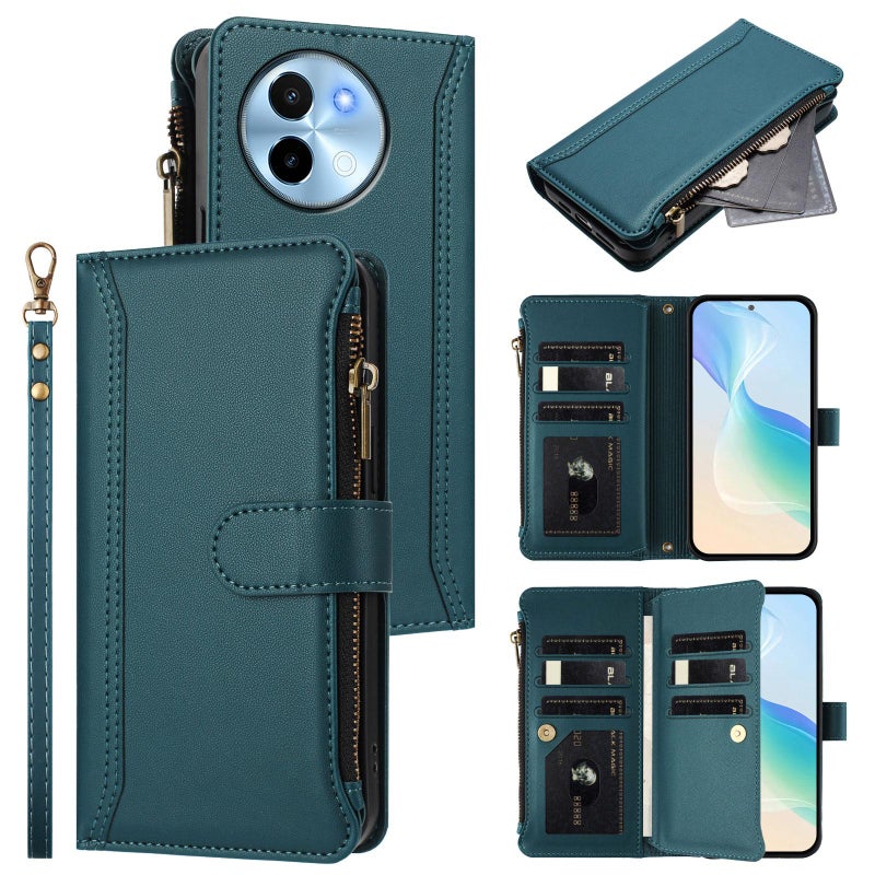 HuHa Case Cover For vivo Y38 5G Global / T3X 5G Global Magnetic Closure 9 Card Slots Zipper Leather Case with Hand Strap(Dark Green) - Image 1
